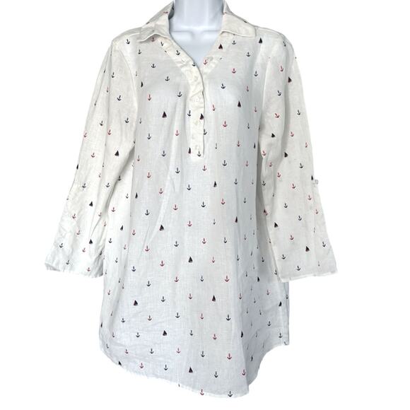 FORCYNTHIA Beachwear Linen Cover Up Women's Med Roll Tab Sleeve Nautical Anchor - Picture 1 of 6